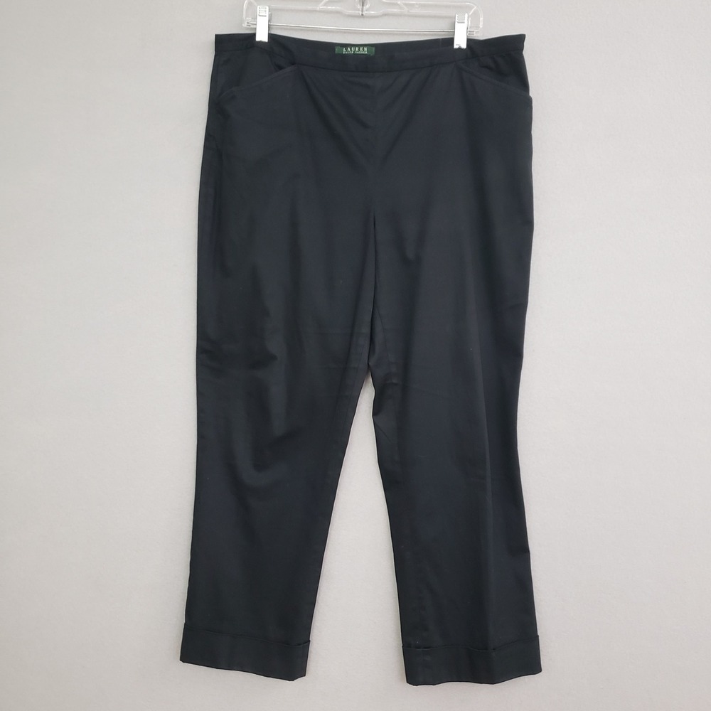 Lauren Ralph Lauren Womens 14 Cropped Pants Black Cuffed Side Zip Career Cotton